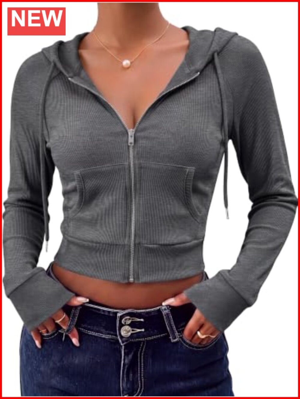 Womens Cropped Zip Up Hoodie Slim Fit Ribbed Sweatshirt Jacket